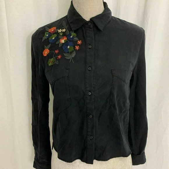 ZARA Black Floral Embroidered l.sleeve shirt sz Small - Picture 1 of 7